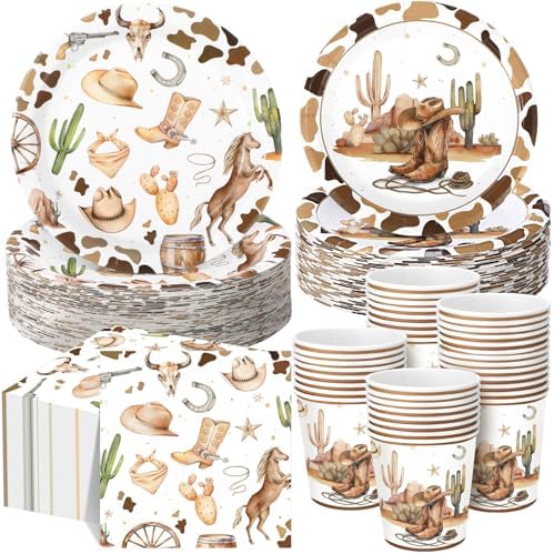 Pickmesh 250 Pcs Western Cowboy Party Decorations Wild West Disposable Tableware Set Cowboy Paper Plates Napkins and Cups for Rodeo Birthday Baby Shower Party Decorations Serve 50 by Pickmesh
