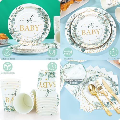 350 Pcs Sage Green Baby Shower Decorations, Baby Shower Plates and Cups and Napkins Sets Serves 50, Oh Baby Plates with Gold Dots for Boho Baby Girl Boy Neutral - Image 5