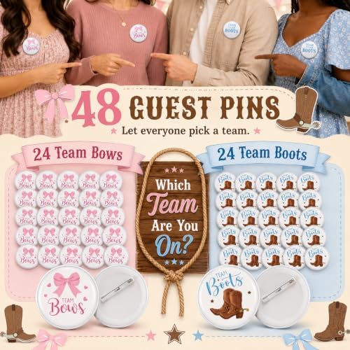 92Pcs Boots and Bows Gender Reveal Decorations Include Banner-Balloons-Cake Topper-Cupcake Toppers-Aluminum Film Balloons Gender Reveal Pins for Boots and Bows Party Decorations - Image 5