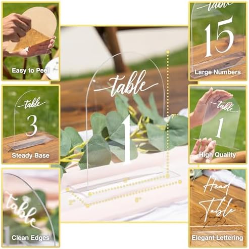 Clear Arch Acrylic Table Numbers for Wedding Reception - 5" x 7" White Font Centerpiece Set with Holder Stands & Head Table Sign - Anniversary, Event, Party, Wedding set 1-15 - Image 4