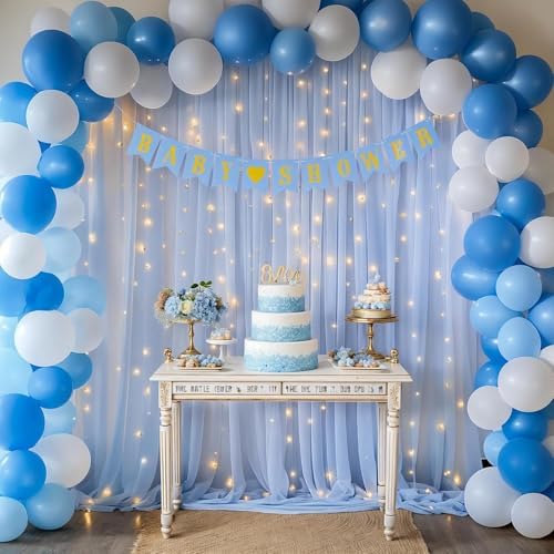 20ft x 10ft Baby Blue Chiffon Backdrop Curtain with Lights String for Parties,4 Panels Sheer Tulle Curtain Wedding Backdrop for Baby Shower Birthday Party Ceremony Reception Home Decorations - Image 6