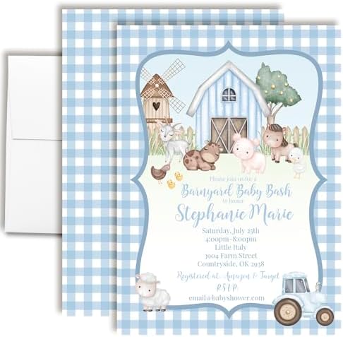 Amanda Creation Personalized Baby Shower Invitations, 20 Custom 5x7 Custom Baby Shower Invitations Boy Barnyard Theme with Envelopes by AmandaCreation