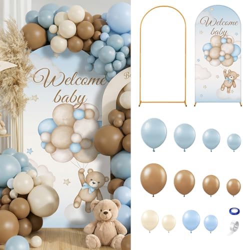 148 Pcs Bear Baby Shower Decorations Balloon Metal Arch Backdrop Stand and Cover Set Decor Dusty Blue and Brown Balloon Arch Kits Bear Baby Shower Gender Reveal Birthday Party Decorations by Motionchic