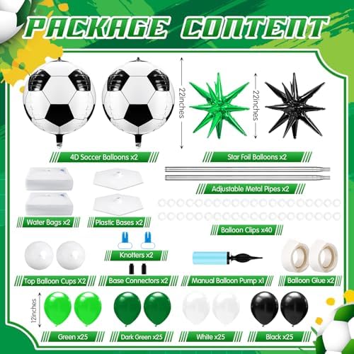 Kasyat 2 Sets Soccer Balloon Column Stand Kit with 4D Soccer, Green Black Star Foil and 100 Latex Balloons, Green White Black Arch Kit for Floor for Football Sports Party Decorations - Image 3