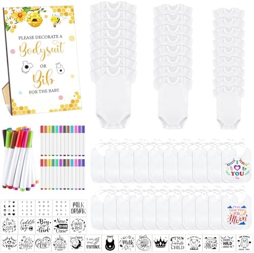 Panitay 100 Pcs White Baby Bodysuits Bibs Kit 25 Guests, Bee by Panitay