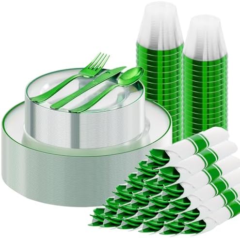 SUT 175 Pcs Green and Clear Plastic Dinnerware Set for 25 Guests, Include: 25 Dinner Plates, 25 Dessert Plates, 25 Pre Rolled Napkins With Silverware, 25 Cups, Disposable Plates for Party by SeeYouTomorrow