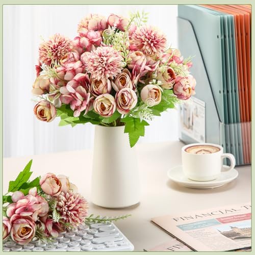 Tigeen 12 Bundles Peonies Artificial Flowers Faux Roses, Fuchsia - Image 4
