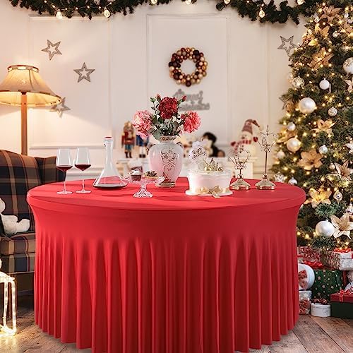 6 Pack Spandex Red Round Tablecloths for 60inch Table, 120in Stretchy Fitted 5ft Tablecloths, Wrinkle Free Round Table Clothes Covers with Skirt for Wedding Birthday Parties Banquet - Image 7