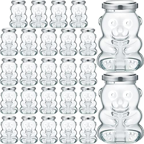 Patelai 24 Pack 4 oz Glass Bear Shaped Honey Jars with Lids Reusable Small Tilted Bear Glass Bottles Containers Dispenser for Candies, Birthday Wedding Party Favors(Classic, Silver) by Patelai