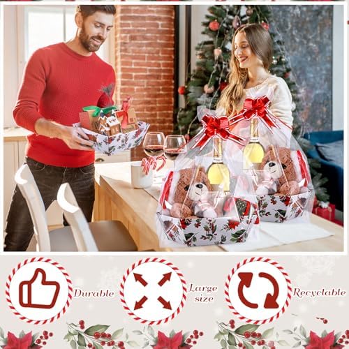 Nuogo 12 Pack Christmas Basket for Gifts Empty 9.8 x 6.5 Inch Bulk Gift Baskets Empty to Fill Cardboard Trays with Basket Bags, Pull Bows for Christmas Holiday Birthday Party Gifts (Floral Style) - Image 7