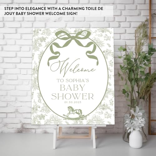 Andaz Press Personalized Sage Green Toile de Jouy Baby Shower Decorations, Toile De Jouy Baby Shower Welcome Sign, Tea Party Decor, Elegant French Vintage Lace Chinoiserie Party Supplies, 16x20 Inches - Image 3