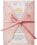 5.12 x7.28 inch 50PCS Pink Blank Laser Cut Hollow Lace Wedding Invitations with Envelopes & Pearl Bowknot Quinceanera Invitation Cards for Wedding Invite by KUCHYNEE