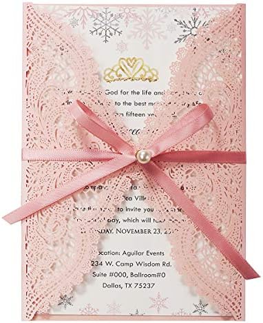 5.12 x7.28 inch 50PCS Pink Blank Laser Cut Hollow Lace Wedding Invitations with Envelopes & Pearl Bowknot Quinceanera Invitation Cards for Wedding Invite by KUCHYNEE