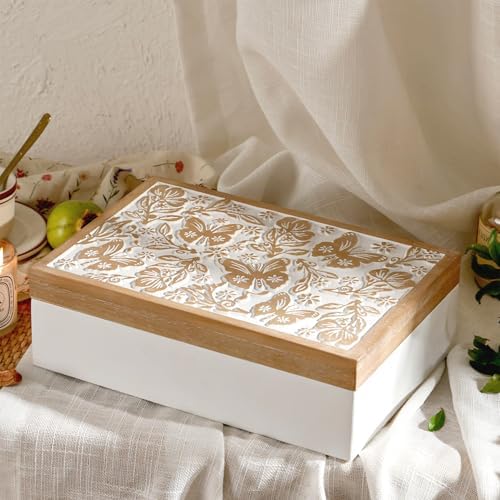 Wooden Keepsake Box - Decorative Wood Boxes with Hinged Lid, Butterfly Engraved Design, 10.24" W - Image 3