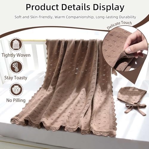 LifeTree Knit Baby Blanket & Hat, 100% Cotton Soft Swaddle & Receiving Blanket for Toddler, Lightweight & Breathable Newborn Blanket Unisex for Crib, Stroller, 31X40 Inches, Shower Registry Gift,Brown - Image 5