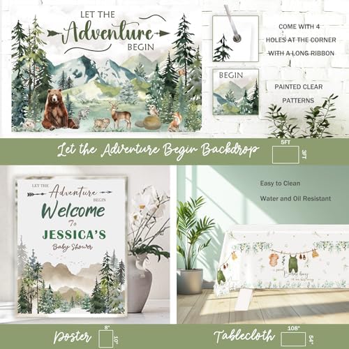 Let the Adventure Begin Baby Shower Decorations, 131 PCs Adventure Awaits Baby Shower Party Supplies with Mountain Backdrop, Balloon Garland, Mom to Be Sash for Boys Forest Woodland Party - Image 5