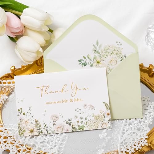 Crisky Green Floral Wedding Thank You Cards with Envelopes & Stickers From Mr & Mrs, 100 Pack Gold Foil Eucalyptus Leaves Thank You Greeting Note Cards Bulk for Bridal Shower - Image 3