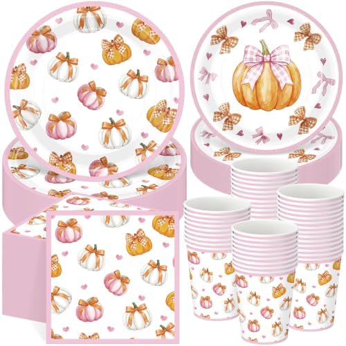 Ziliny 250 Pcs Pink Bow Pumpkin Paper Plates Napkins and Cups for 50 Guest by Ziliny