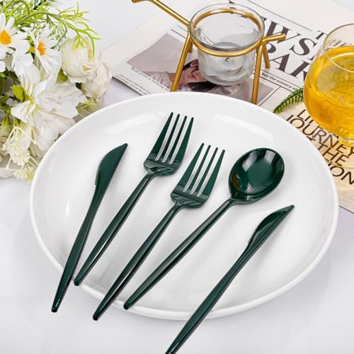 PULOTE 150PCS Green Plastic Silverware - Plastic Cutlery Set Disposable - Green Plastic Utensils Include 50 Forks, 50 Spoons, 50 Knives for Party&Christmas - Image 6