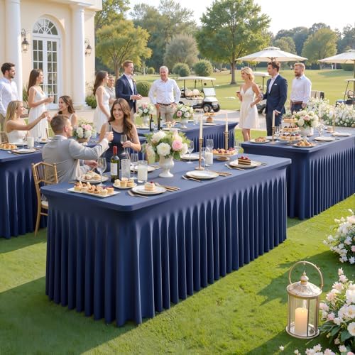 Navy Blue Table Cloth for 6 Foot Rectangle Tables Fitted Stretch Spandex Table Cover with Skirt 6ft Baby Shower Birthday Party Banquet Ruffle Navy Tablecloth Wedding Table Cloths Desk Skirt, 4 Pack - Image 2