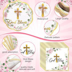 Ziliny 250 Pcs God Bless Baptism Party Tableware Set for 50 Guest First Holy Communion Decorations Pink Eucalyptus Leaves Paper Plates Napkins and Cups for Christening Baby Shower Religious - Image 3