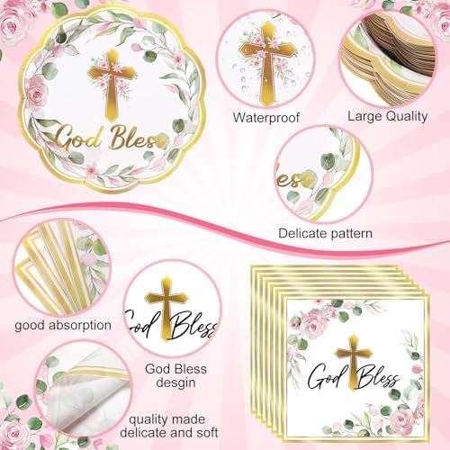 Ziliny 250 Pcs God Bless Baptism Party Tableware Set for 50 Guest First Holy Communion Decorations Pink Eucalyptus Leaves Paper Plates Napkins and Cups for Christening Baby Shower Religious - Image 3
