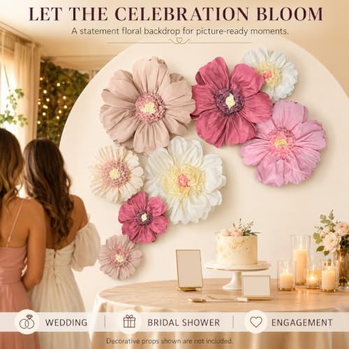 8 Pcs 31.5", 20" Pinky Giant Paper Flower Boho Large Tissue Paper Flower for Wall Big Pink Pom Pom Floral Decorations for Wall Wedding Bridal Shower Baby Shower Tea Party Nursery Birthday Decor - Image 2
