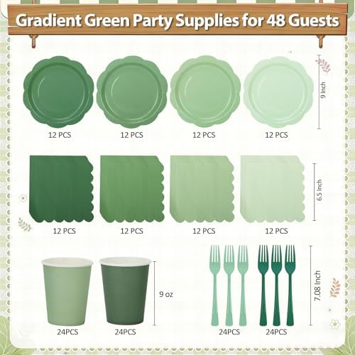 192Pcs Green Plates and Napkins Party Supplies, 9’’Disposable Green Paper Plate, Gradient Green Party Decorations Tableware Set for Birthday, Baby Shower, St Patricks, Wedding, Serves 48 - Image 2