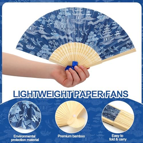 Roowest 36 Pcs Blue and White Folding Fans Bulk - Retro Chinoiserie Japanese Floral Paper Hand Foldable Fans for Wall Decor Wedding Guests Favor Gifts Tea Party Supplies - Image 3