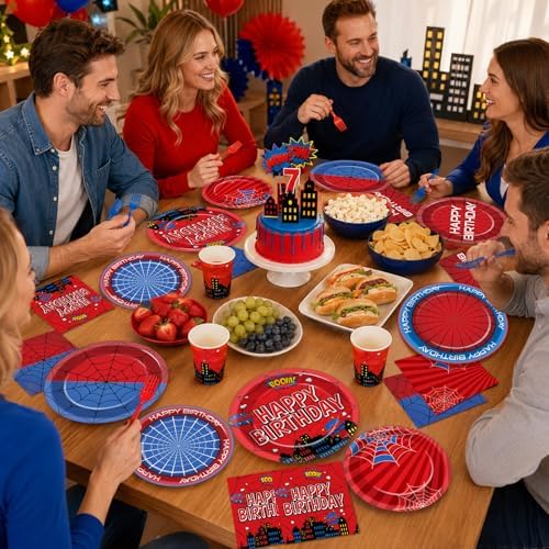 200PCS Spider Birthday Party Supplies Super Theme Paper Plates and Napkins Spider Web Disposable Tableware Set Red and Blue Hero Plates for Birthdays Baby Shower Movie Fans Party Decorations - Image 5