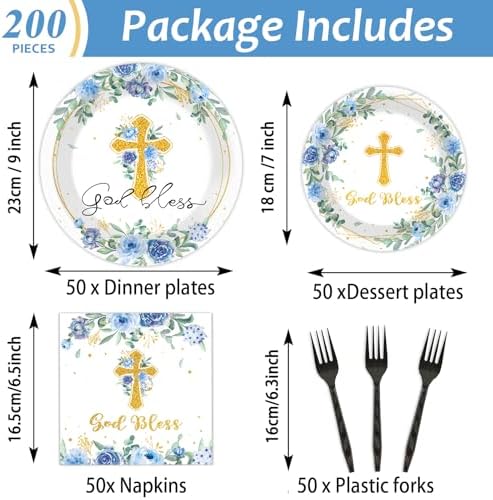200pcs God Bless Plates Napkins Baptism Paper Tableware Set First Holy Communion Cake Dessert Disposable Dinnerware Blue Floral Party Decoration for Christening Birthday Decor Supplies Serves 50 - Image 2