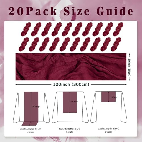 Burgundy 20 Pack Cheesecloth Table Runner 10FT Rustic Gauze Cheese Cloth Table Runner for Wedding Bridal Baby Shower Table Decor 20 x 120 Inch Long Boho Fabric Sheer Birthday Party Table Decorations - Image 2