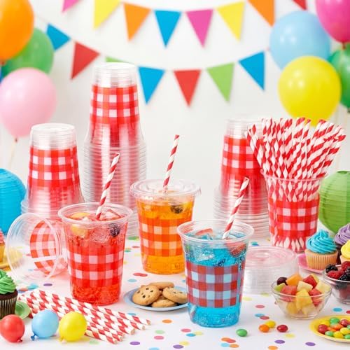Sliner 50 Sets 16oz Red White Gingham Party Plastic Cups - Image 6
