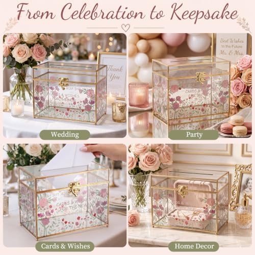 Leinuosen Glass Wedding Card Box with Slot and Lock, Gold Rim - Image 5