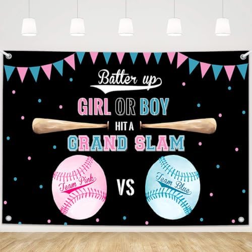 MEHOFOND Black Baseball Gender Reveal Backdrop Batter Up Team Pink vs Team Blue Banner Grand Slam Girl or Boy Sports Baby Shower Decorations Photo Booth Background 8 x 6 ft by MEHOFOND