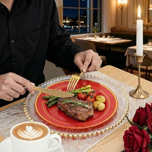 WDF Partyware 175 Pieces Red Plastic Plates with Gold Rim Include Dinner Plate 10" Dessert Plate 7" gold Cups 9 OZ, Pre Rolled Napkins 25 of each type for Wedding/Party/Birthday - Image 6