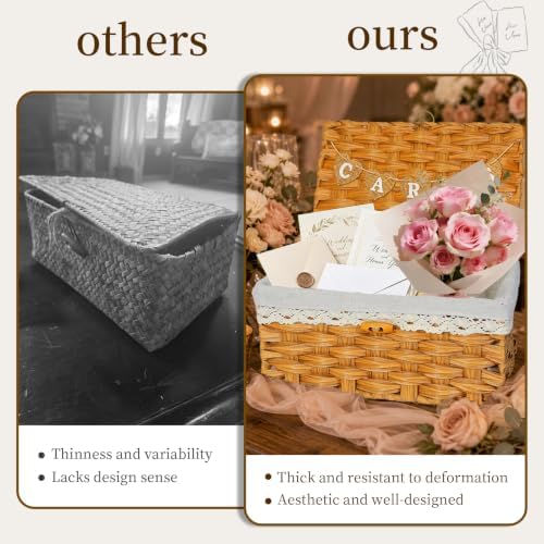 Card Box for Wedding Wicker Card Basket for Cards with Letter Flag, Decorative Woven Rattan Gift Card Boxes for Graduation Party Plastic Wedding Card Box for Reception Baby Shower Birthday Prop Decor - Image 3