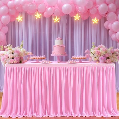 17ft Pink Table Skirt for Rectangle Table Ruffle Table Skirts Desk Skirts Tablecloth Polyester Pleated Fabric Table Skirts Bridal Shower Banquet Wedding Party Table Skirts - Image 3