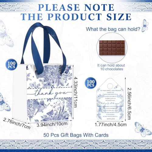 Kolldenn 100 Pack Blue White Chinoiserie Thank You Bags Bulk 4.33x3.94x2.76 Small Floral Paper Bags with Handles and Tags for Wedding Bridal Shower Bachelorette Baby Shower Birthday Party Favors - Image 2