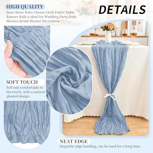 20 Pack Dusty Blue Cheesecloth Table Runner, 17x108 Inch Semi Sheer Boho Gauze Cheese Cloth Fabric Table Runners for Wedding Party Baby Shower Birthday Garden Farmhouse Table Decor - Image 3