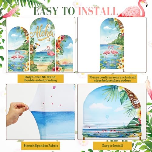 Chunful 3 Pcs Aloha Party Decoration Arch Backdrop Cover Hawaii Holiday Beach Seaside Decor Photo Background 2-Sided Round Top Cute Backdrop Arch Cover for Summer Party Supplies 6 ft/5 ft/4 ft - Image 2