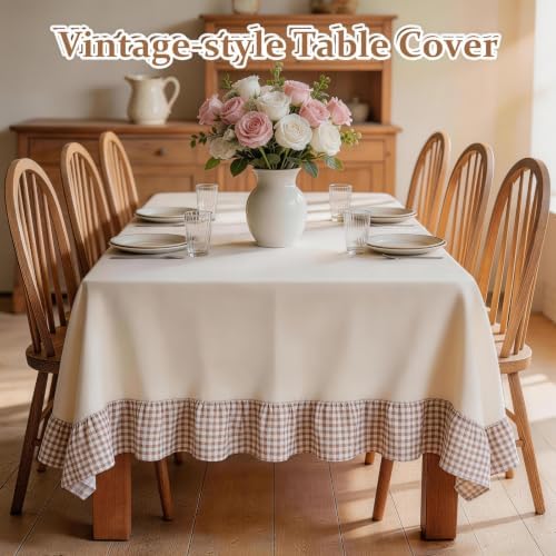 Retro Farmhouse Ruffle Tablecloth 60" x 120" Plaid Flounces Trim Washable Table Cover Tablecloths for Rectangle Table Picnic Kitchen Dining Room Home Party Wedding Decor Khaki Gingham Patchwork - Image 5