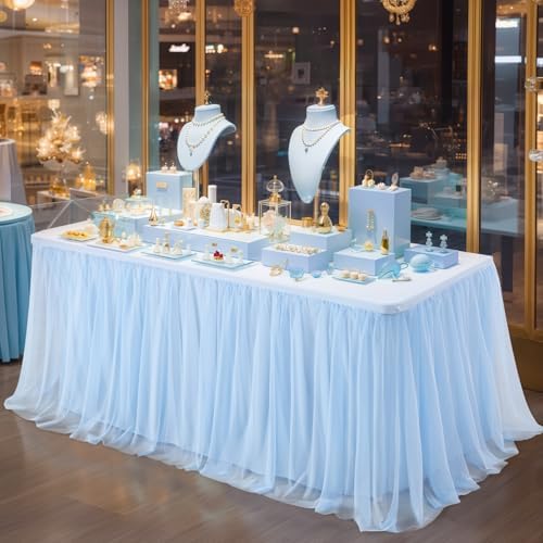 Baby Blue Tablecloth for 8 Foot Rectangle Tables Ruffle Tulle Table Skirt - Image 7