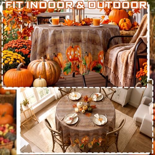 Ganeen 12 Pcs Fall Plastic Tablecloth Round Wood Grain Pumpkin 84 x 84 in - Image 6