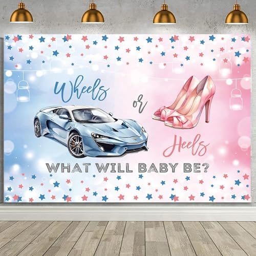 MEHOFOND 8x6ft Wheels or Heels Gender Reveal Backdrop Boy or Girl What Will Baby Be Decorations Banner Cars and High Heels Gender Reveal Baby Shower Photography Background Cake Table Supplies by MEHOFOND