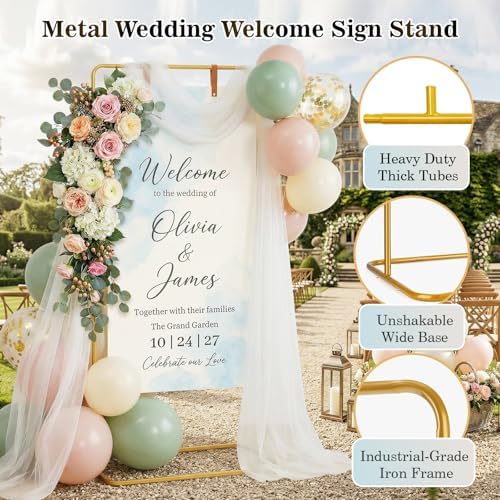 Wedding Welcome Sign Stand, 68"x31"x20" Welcome to our Wedding Sign Holder Adjustable Elegant Welcome Sign Easel with 4 Hanging Straps for Seating Chart, Banner, Ceremony Decor(Gold) - Image 3