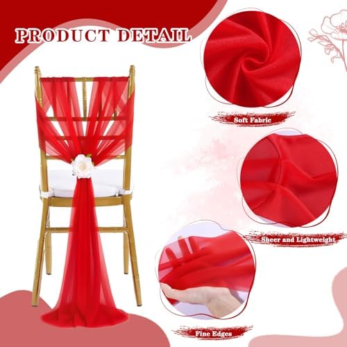 Red Chair Sashes 16 Packs 8ft Long Aisle Wedding Chair Back Side Decorations Fabric Sheer Church Tulle Chairs Drapes Bulk - Image 5