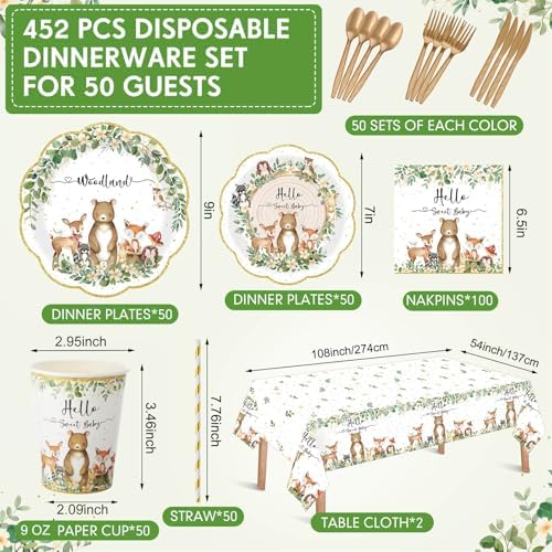 Funnymoom 452 Pcs Woodland Baby Shower Decorations for 50 Guests, Forest Animals Woodland Paper Plates Napkins Cups Tablecloth Cutlery Straws for Neutral Forest Animal Baby Shower Party Supplies - Image 2