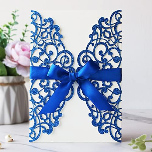 Hosmsua 50PCS Laser Cut Wedding Invitation Cards with Bowknot and Envelopes 5.12 x 7.3''Lace Rose invitation for Sweet 16 Bridal Shower Wedding Invite (Royal Blue Glitter) - Image 4