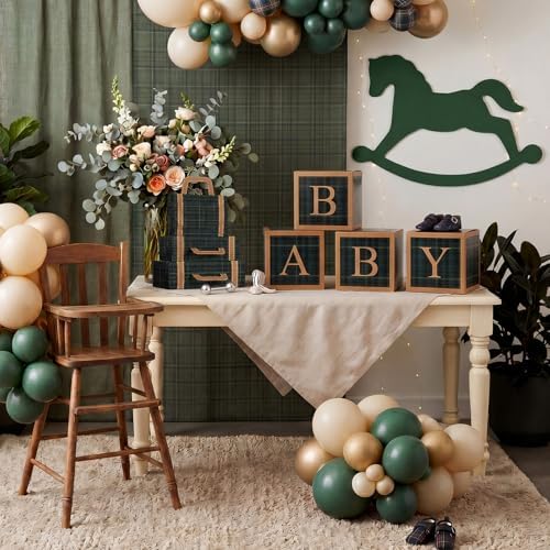 ReliThick 8 Pcs Green Tartan Baby Shower Decor Kit with 3 Pack Suitcase Boxes 4 Pack Baby Letter Boxes Rocking Horse Card Vintage Green Plaid Party Supplies for Birthday Party Decor - Image 4